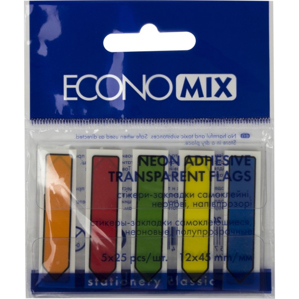 Стікери-закладки Economix 5 неонових кольорів 25 шт Вказівники (20) (40) Е20947