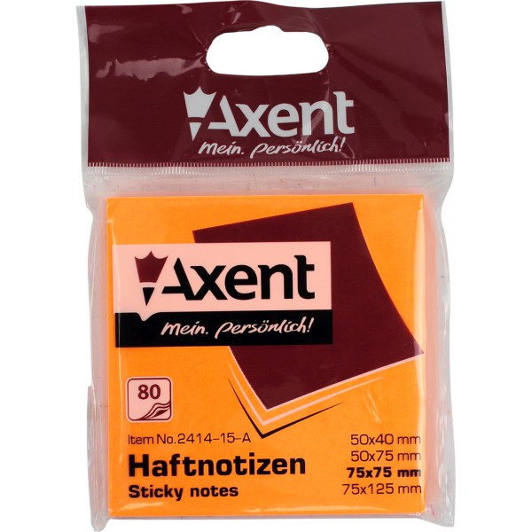 Блок для заміток з липким шаром 75х75мм Axent 80 аркушів яскраво-помаранчевий (1) (120) 2414-15