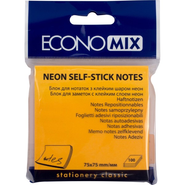 Блок для заміток з липким шаром 75 х75 мм 100 аркушів неоновий помаранчевий Economix (12) E20944-06