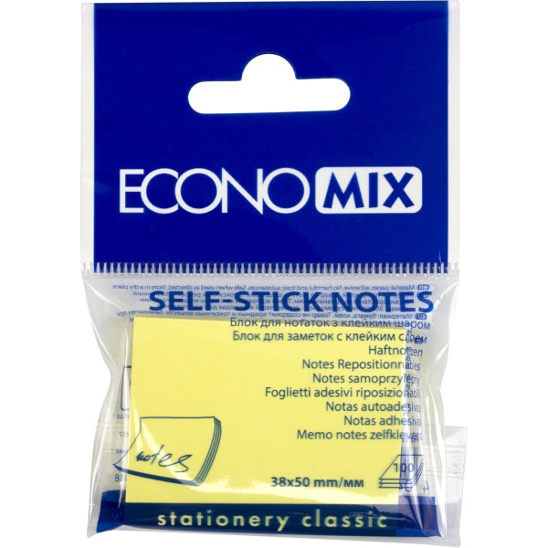 Блок для заміток з липким шаром 38х50 мм 100 аркушів жовтий Economix (12) E20930