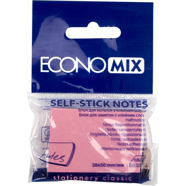 Блок для заміток з липким шаром 38х50 мм 100 аркушів рожевий Economix (12) E20930-09