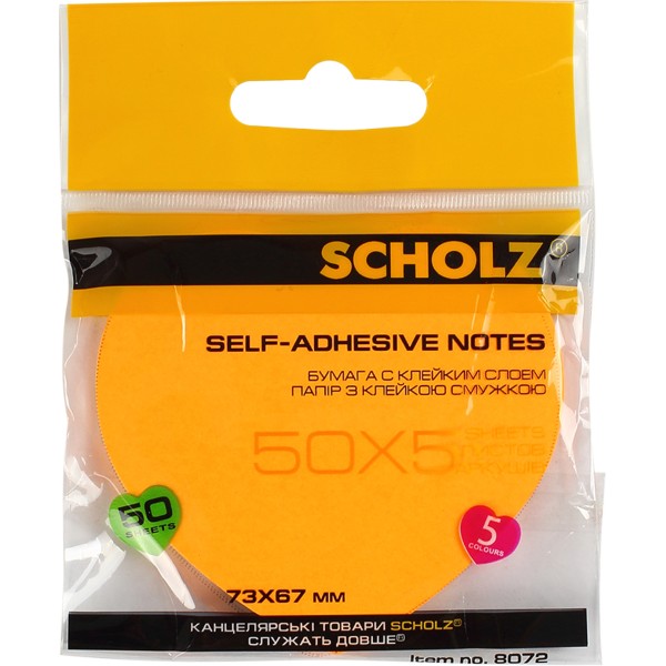 Блок для заміток з липким шаром фігурний 73х67мм Sсholz серце 50 аркушів асорті (6) (48) 8072
