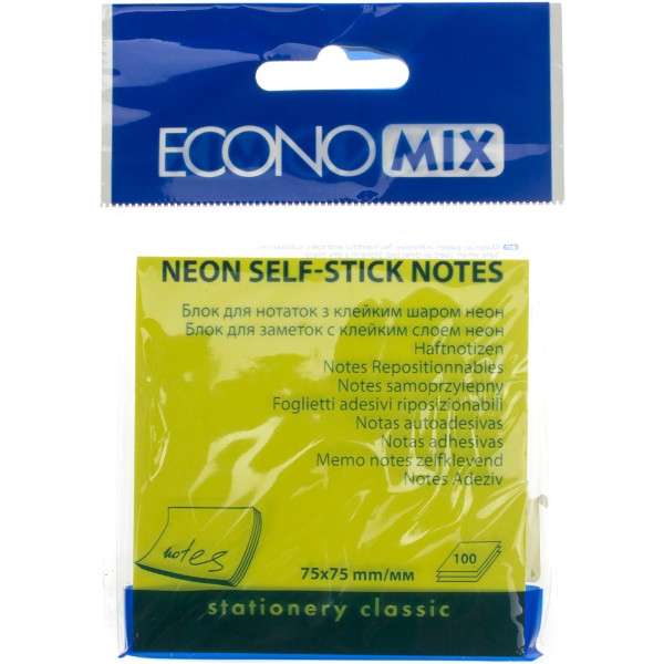 Блок для заметок с липким слоем 76х76мм Economix неоновый желтый 100 листов (12) Е20944-05