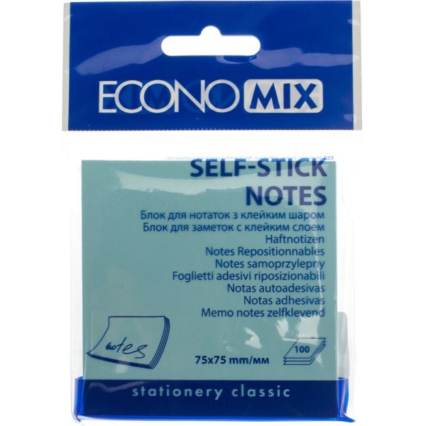 Блок для заміток з липким шаром 75х75 мм 100 аркушів блакитний Economix (12) E20932-11