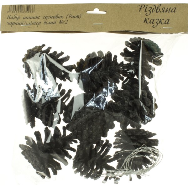 Набір шишок соснових 9 шт Глітер білий чорні 2