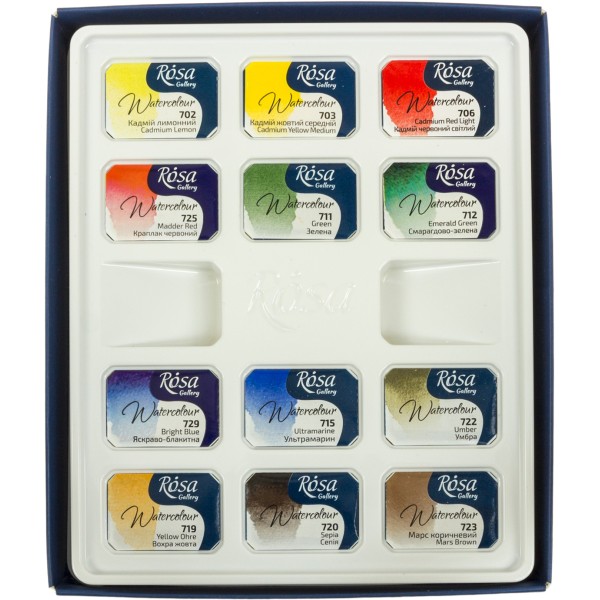 Акварель художня 12 кольорів Rosa Gallery Класика, кювета, картон 340012