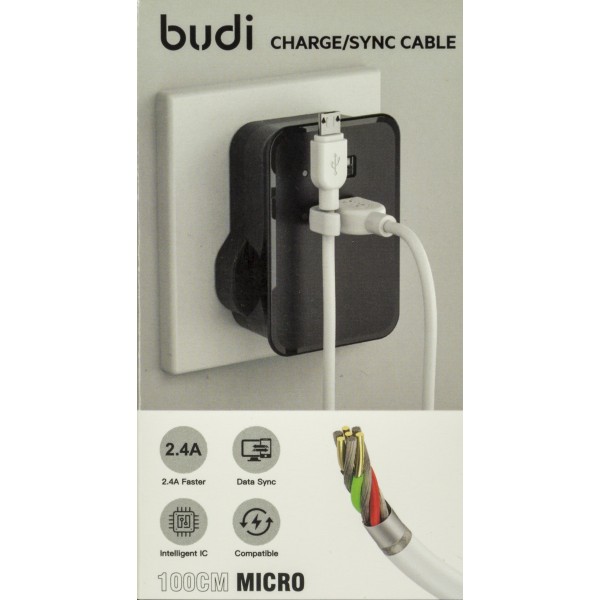 Кабель USB > microUSB Budi 2.4A 1м white №DC227M10W/Breidon/