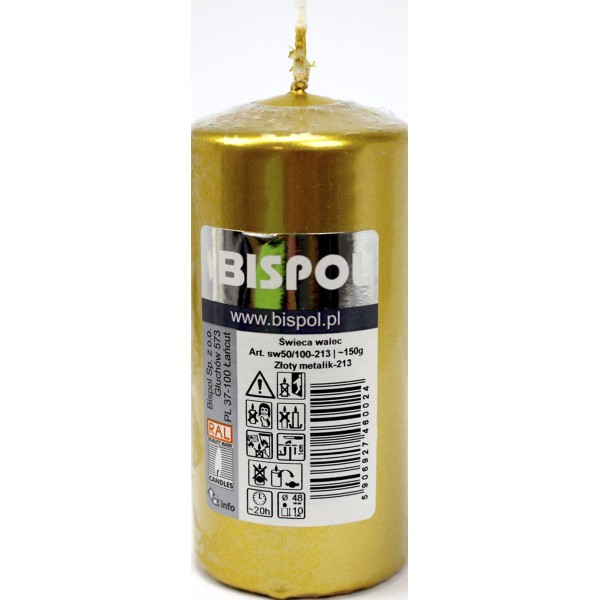 Свічка циліндр."Bispol" 50/100 h-20см/d-5х10см золотий металік 213/Польща/(8)