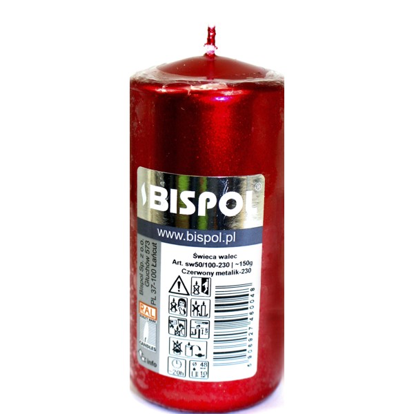 Свічка циліндр. "Bispol" 50/100 h-20см/d-5х10см металік червона 230/Польща/(8)
