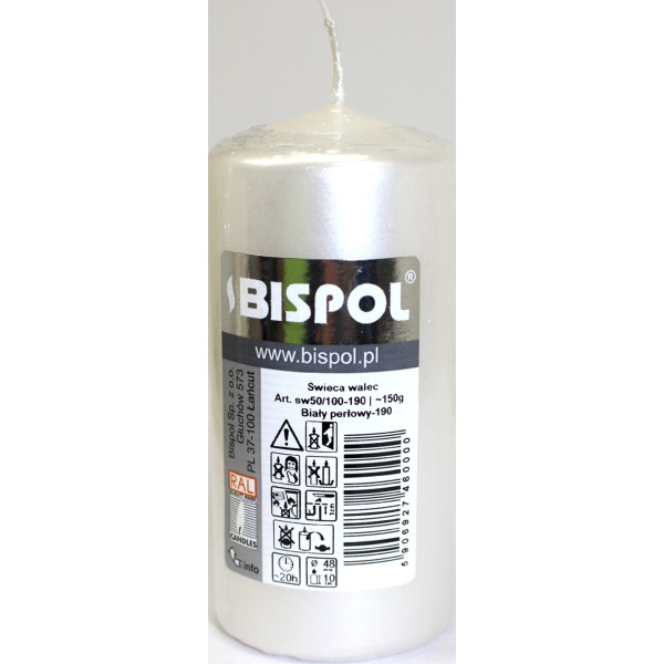 Свічка циліндр."Bispol" 50/100 h-20см/d-5х10см білий перлинний 190/Польща/(8)