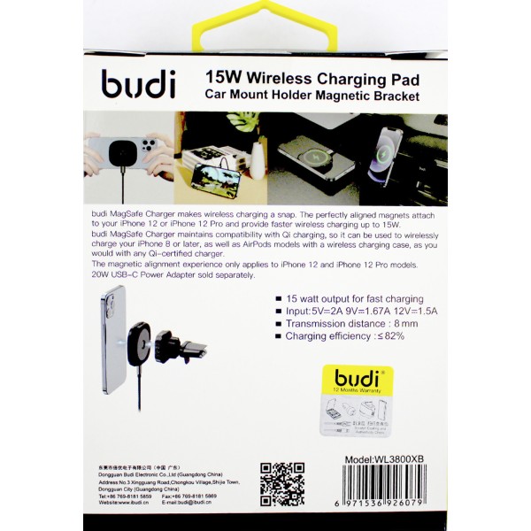 Зарядний пристрій індукційний авто Budi №WL3800XB 15W швидка зарядка,магн. тримач/Breidon/