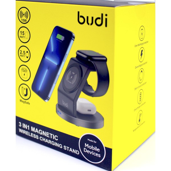 Зарядний пристрій індукційний Budi №WL4200B 3в1 15W швидка зарядка/Breidon/