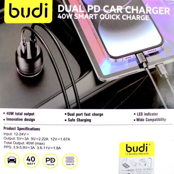 Зарядний пристрій авто Budi №CC108RB 40W швидка зарядка 2 Type C/Breidon/