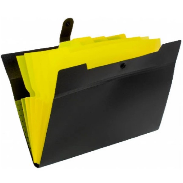 Папка-конверт "Optima" №O35540 А4 на кнопці,6від.,з розширенням,чорна з лимонним(30)