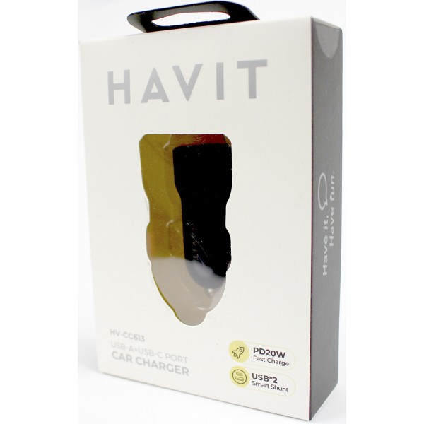 Зарядний пристрій авто. Havit №HV-CC613 USB+Type-C PD2W+QC3.0 black