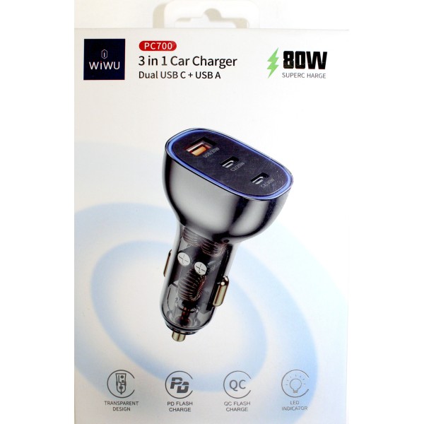 Зарядний пристрій авто Wiwu PC700 2Type C+ USB 80W швидка зарядка