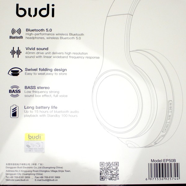 Навушники Budi BT №EP50B black+мікрофон