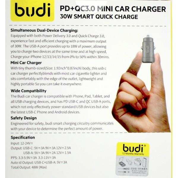 Зарядний пристрій авто Budi №CC602 30W швидка зарядка black/Breidon/