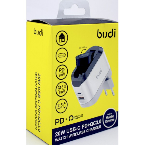 Зарядний пристрій індукц. Budi №AC330WEW 20W швидка зарядка,USB,Type-C,smartwatch/Breidon/