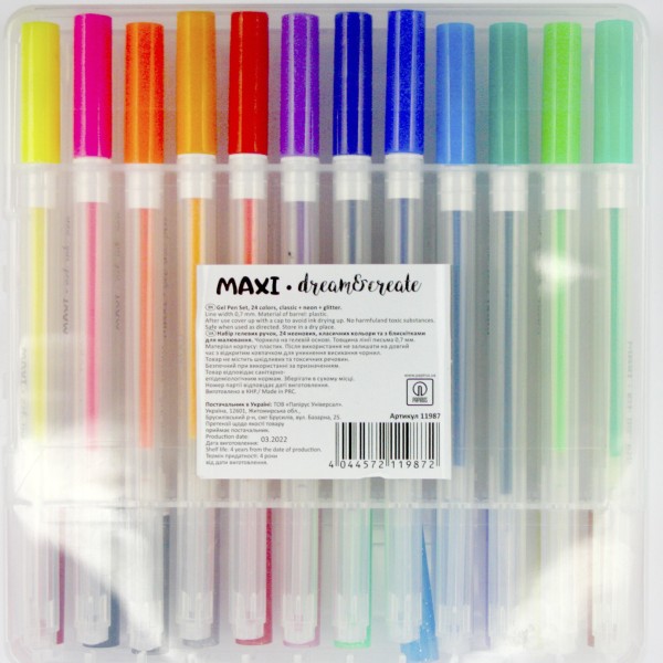 Набір ручок гел. "Maxi" №MX11987 24кольор.неон з блискітками, в пласт. боксі(6)(48)