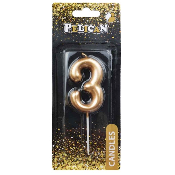 Свічка в торт Цифра-3 золото 6см Pelican (1) (12) (600) 866013 