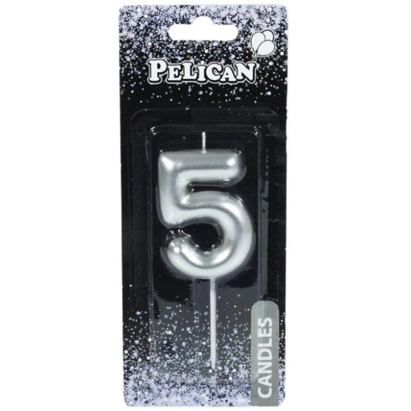 Свеча в торт  Цифра-5 серебро 6см (1) (12) (600) 866025 Pelican