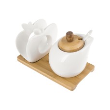 Набір ємностей керам. 3шт цукорн. з ложкою+серветниця,на бамбук. підставці №375-412/Bonadi