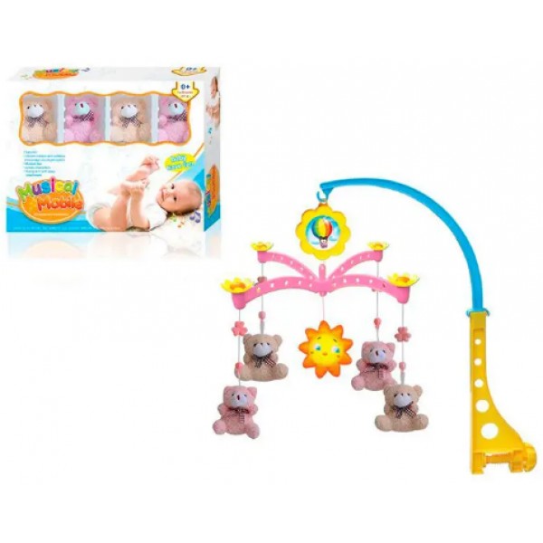 Карусель на ліжечко заводна,підвіски 5шт (4шт-м'які, ведмедик),муз.,в кор-ці №XQT712(18)