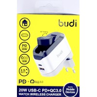 Зарядний пристрій індукц. Budi №AC330WEW 20W швидка зарядка,USB,Type-C,smartwatch/Breidon/