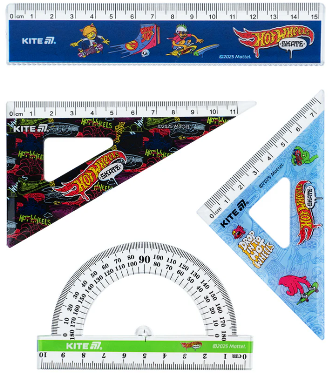 Набір геометричний Hot Wheels (лінія 15см, 2 косинця, транспортир)