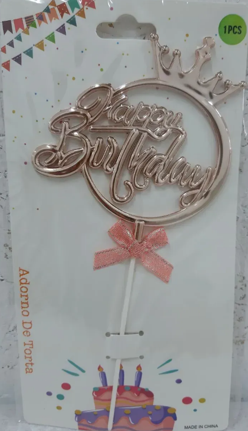Топер для торта «Happy Birthday в колі з корона» рожеве золото