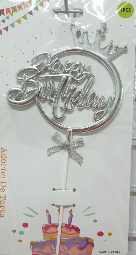 Топер для торта «Happy Birthday в колі з корона» срібло