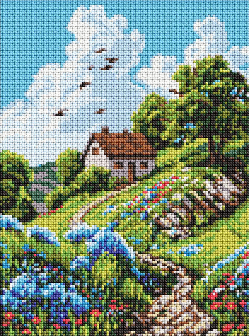 Набір з алмазною мозаїкою «Затишна хатинка на пагорбі» 30×40см