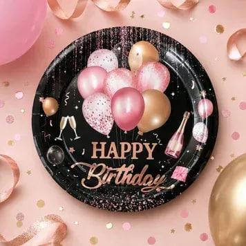 Тарілка паперова, d-230мм Happy Birthday рожеве золото на чорному
