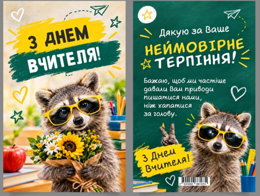 Листівка З Днем вчителя «Єнот» 95×150