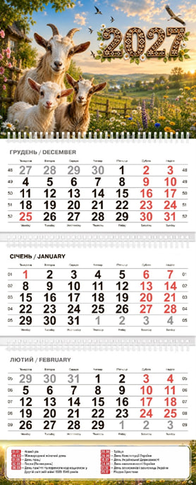 Календар кварт. настін. «Кози» 2027,3 пружини