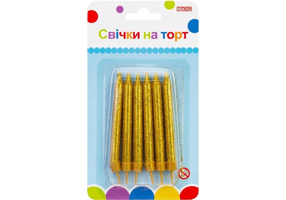 Набор свечей в торт 6 шт 7 см с подставками, с блестками MX620211 C