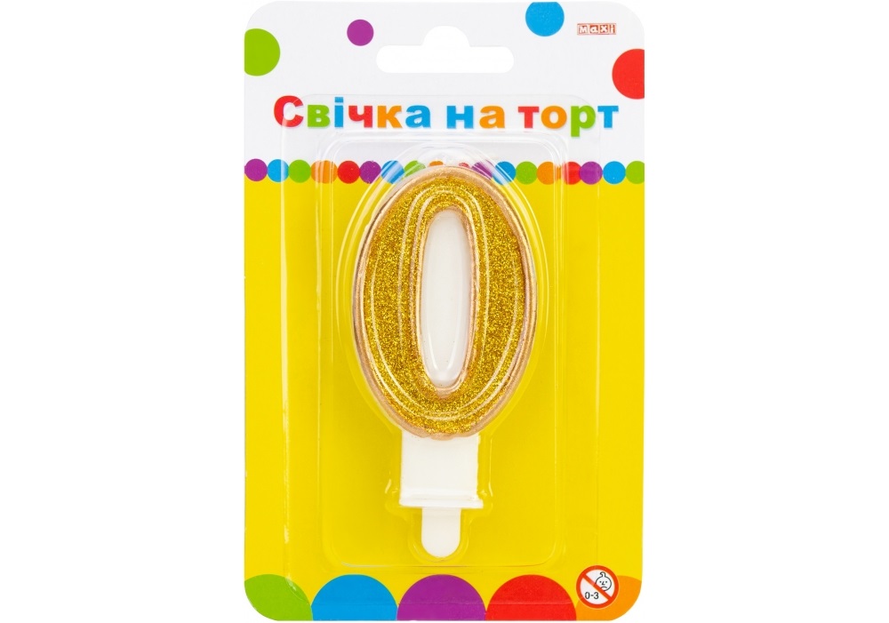 Свічка в торт Цифра-0 золотиста 7,62 см з блискітками