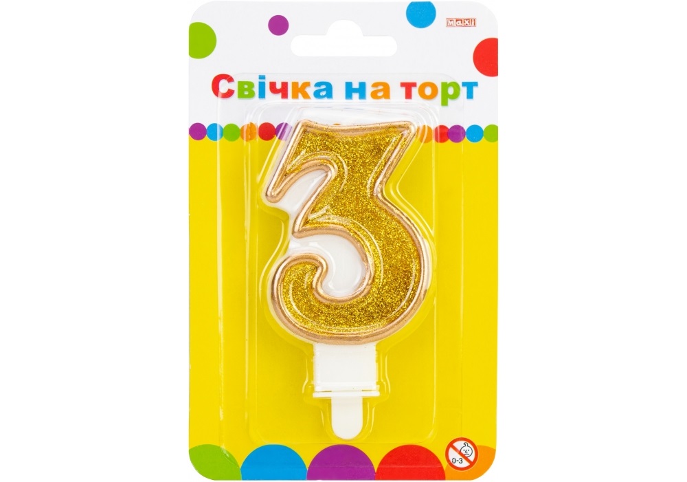 Свічка в торт Цифра-3 золотиста 7,62 см з блискітками