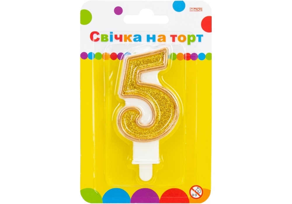 Свічка в торт Цифра-5 золотиста 7,62 см з блискітками