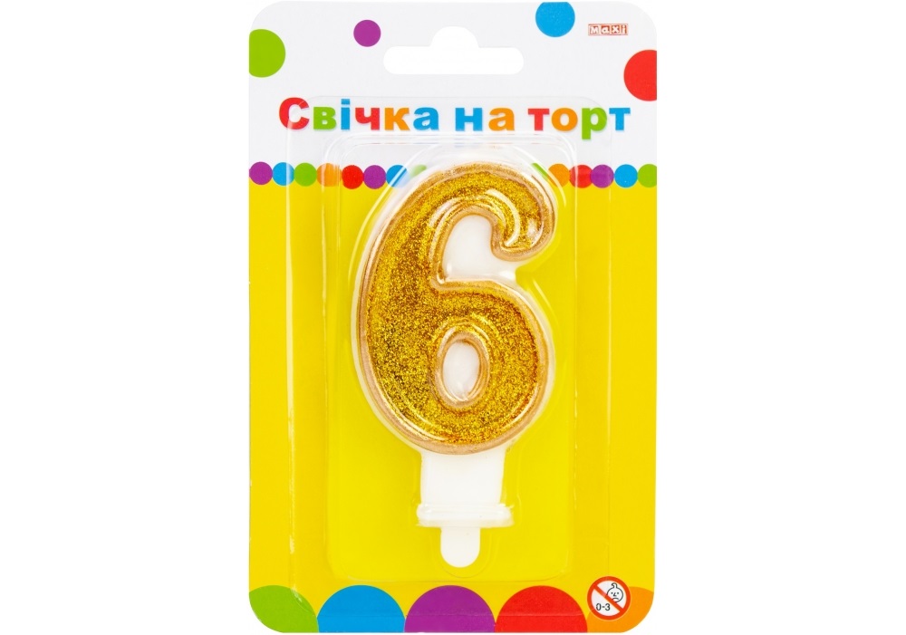 Свічка в торт Цифра-6 золотиста 7,62 см з блискітками