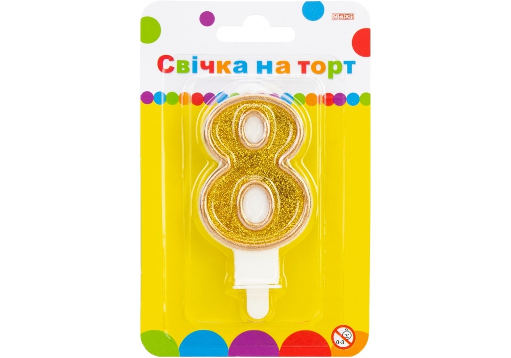 Свічка в торт Цифра-8 золотиста 7,62 см з блискітками