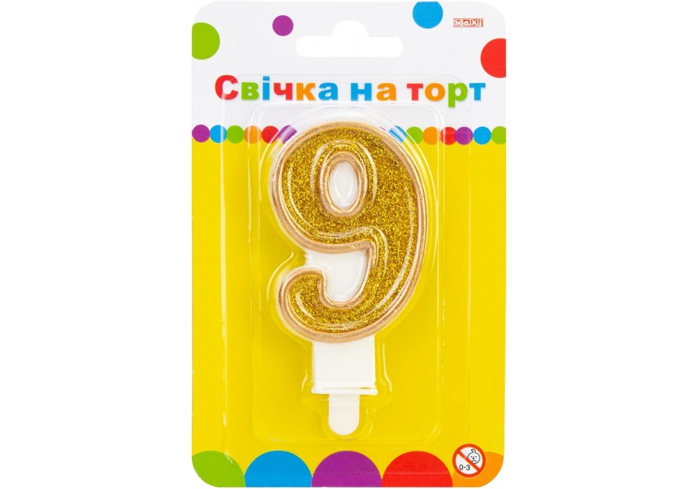 Свічка в торт Цифра-9 золотиста 7,62 см з блискітками