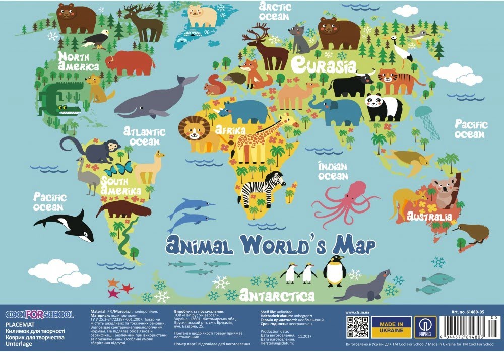 Килимок для дитячої творчості Animal world's Map A3