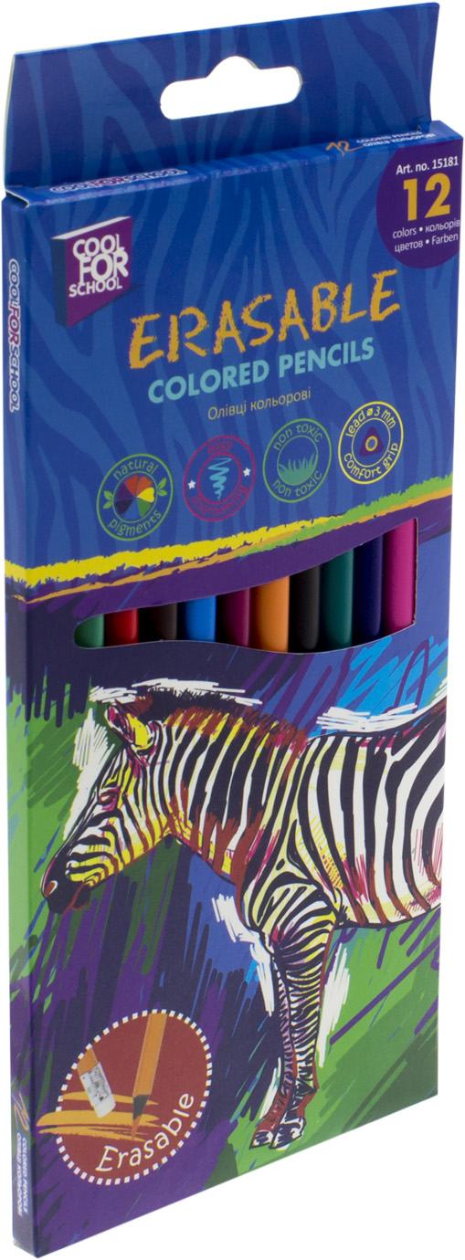 Карандаши цветные 12 цветов Cool For School Erasable пластиковые, треугольные, с ластиком