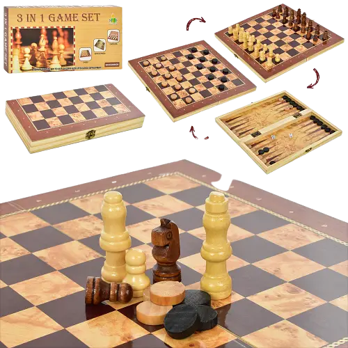 Шахи 3в1 (шахи, шашки, нарди) , дерев'яні, в коробці 24,5×13×3см
