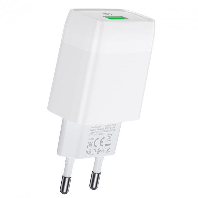 Зарядний пристрій швидка зарядка 1USB+Type-C 3.0A white