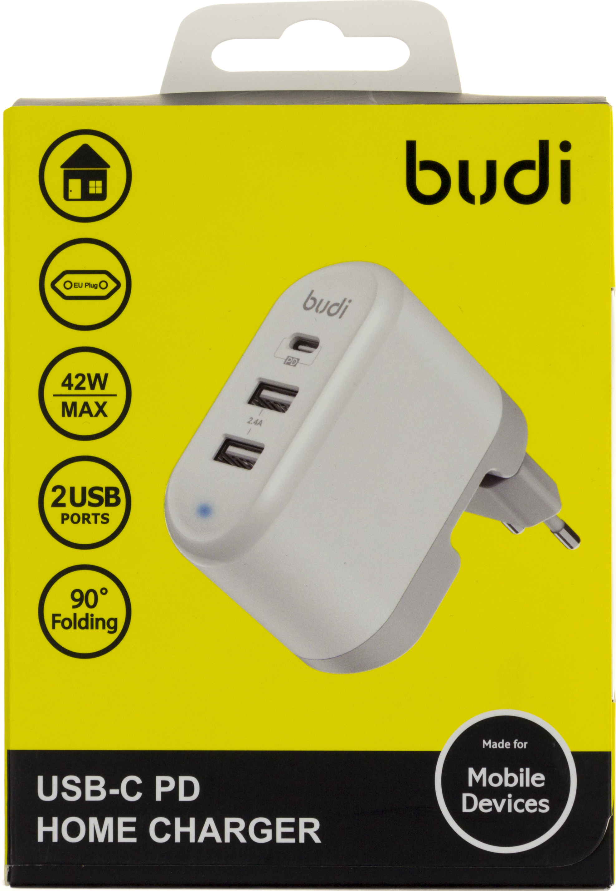 Зарядний пристрій Budi 2USB+Type-C 2.4А 42W швидка зарядка white