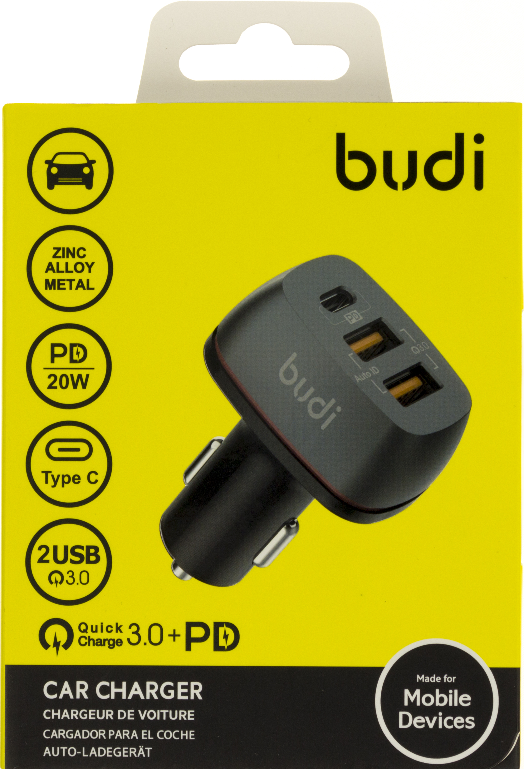 Зарядний пристрій автомобільний Budi швидка зарядка 3.0 2USB Type-C black