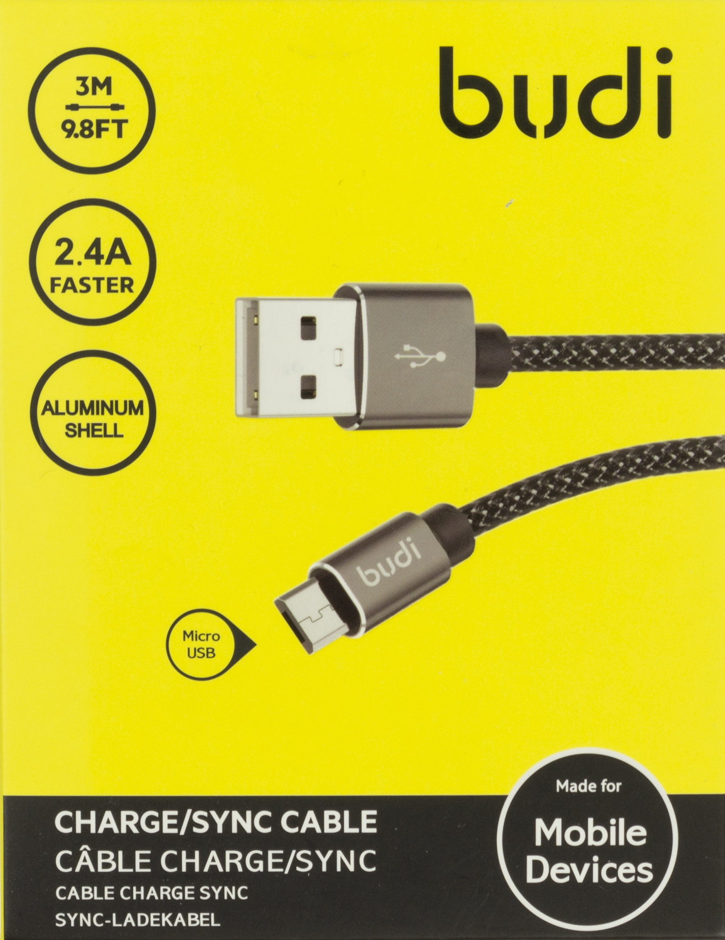 Кабель USB > microUSB Budi 2.4A 3м BLK
